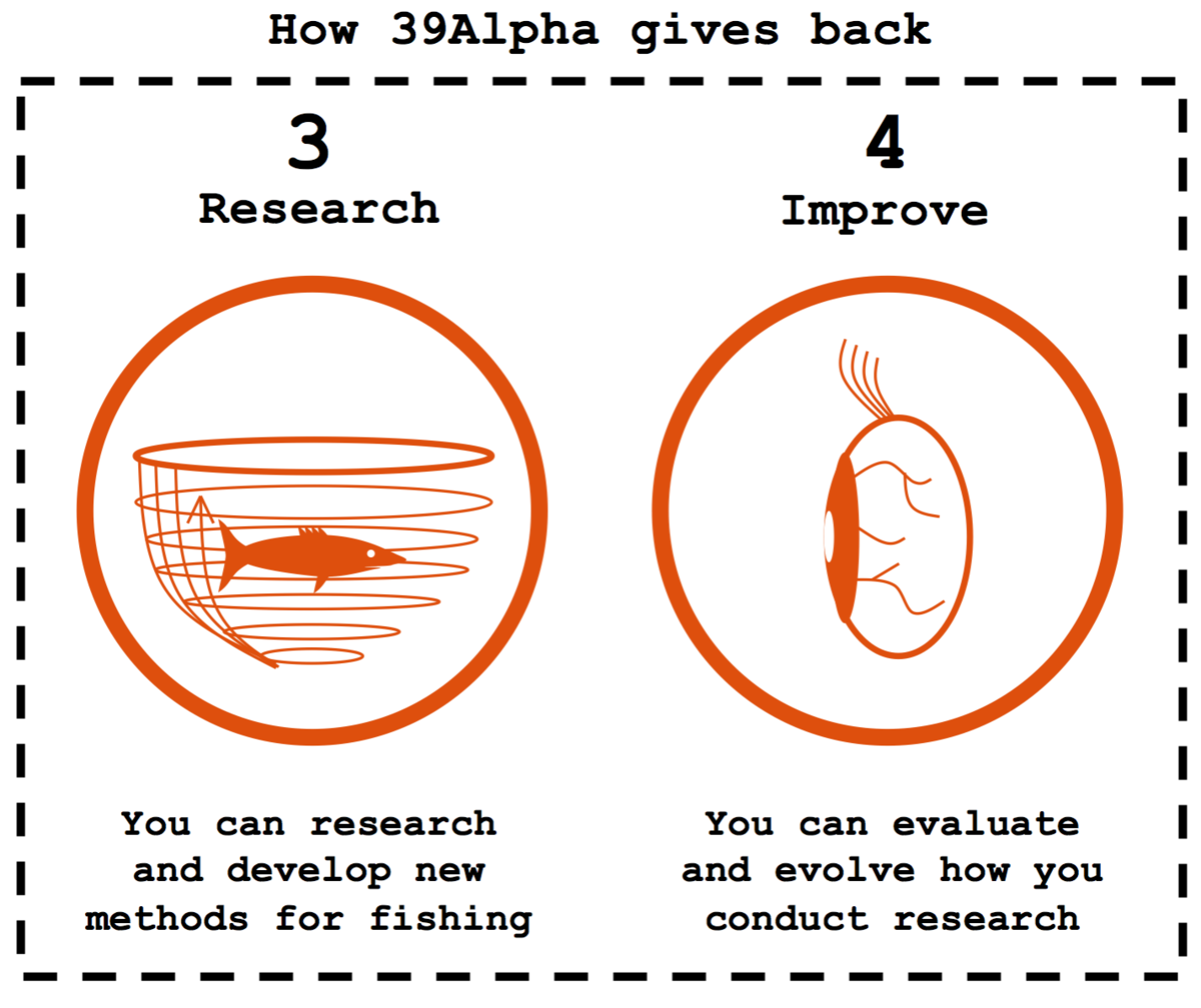 Levels 3 and 4. How 39Alpha gives back. Level 3 - You can research and develop new methods for fishing. Level 4 - You can evaluate and evolve how you conduct research.